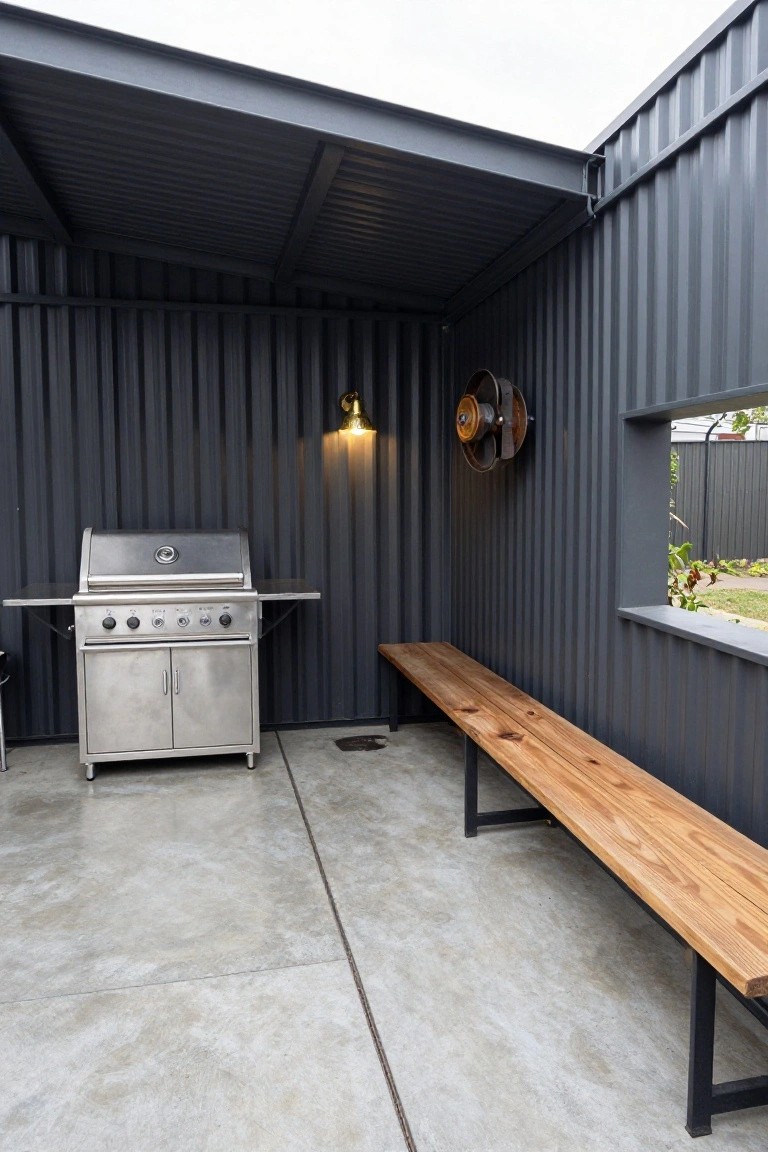Gray corrugated metal pavilion with sloped roof enclosing a stainless steel barbecue grill, long wooden bench on black metal legs, wall-mounted brass light and circular metal wall decor, on polished concrete floor next to a small window.