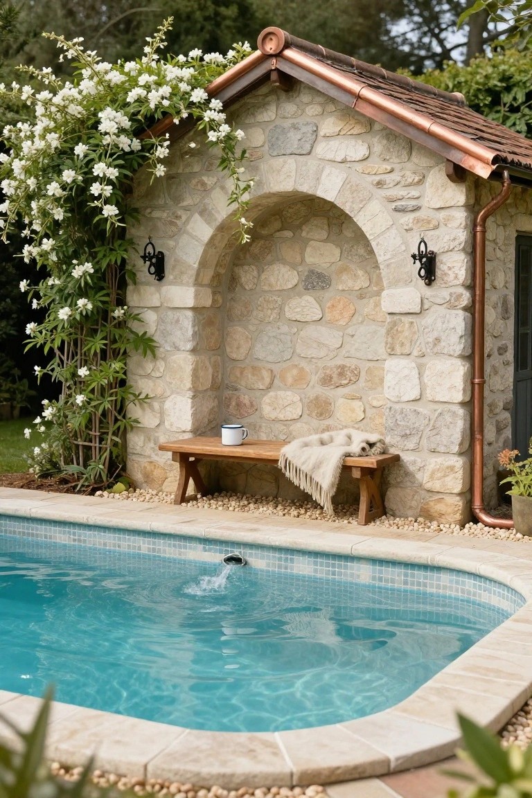 Stone arched alcove built into a wall beside a small turquoise-tiled pool with inflowing water, containing a wooden bench with a beige blanket and white mug, white flowering vines climbing the arch, copper gutter, and potted plants nearby.