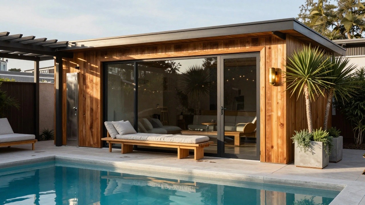 Wooden-clad pool house with black-framed sliding glass doors and visible outdoor shower, next to a cushioned teak daybed on concrete pavers beside a small rectangular turquoise pool with potted plants and palms nearby.
