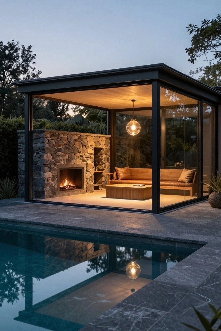 Black-framed glass pavilion with stone fireplace, wooden low seating, cushions, and table beside a dark-tiled pool, surrounded by greenery at dusk.