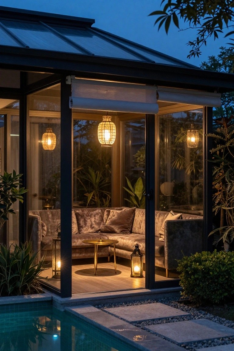 Glass pavilion structure with gray velvet L-shaped sofa, gold coffee table, hanging and floor lanterns, plants, next to a lit turquoise pool at dusk with stone pavers and surrounding greenery.