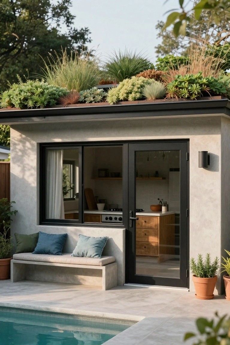 Small modern pool house with a flat green roof planted with grasses and succulents, black-framed sliding glass doors and windows showing a wood kitchen inside, concrete bench with cushions outside next to a pool and potted plants on a light patio.