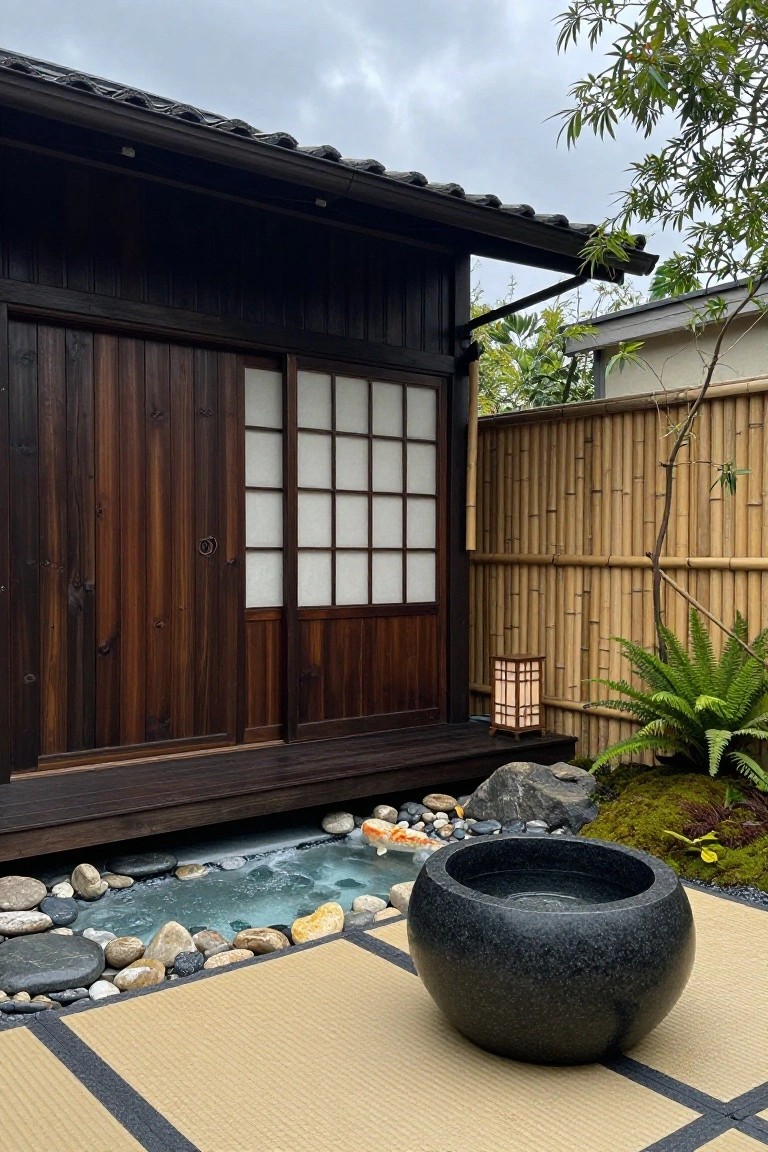 Wooden Japanese-style house with dark shoji sliding doors and veranda overlooking a small rock-lined pool with bubbling water, black stone basin, tatami mat patio, bamboo fence, lantern, and surrounding plants and rocks.