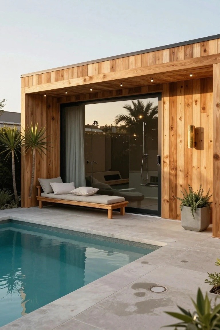 Wooden-clad pool house with black-framed sliding glass doors and visible outdoor shower, next to a cushioned teak daybed on concrete pavers beside a small rectangular turquoise pool with potted plants and palms nearby.