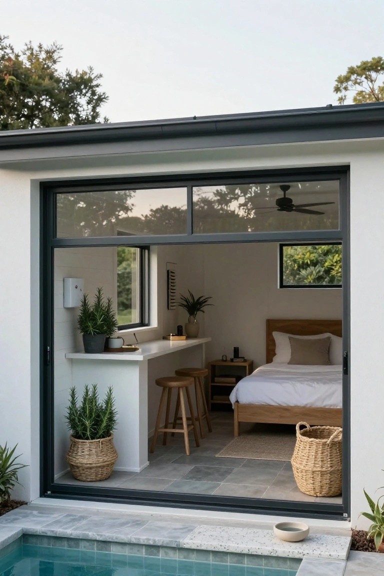 A small pool house with open black-framed sliding glass doors showing a white interior bedroom and workspace, directly adjacent to a turquoise-tiled pool with plants nearby.