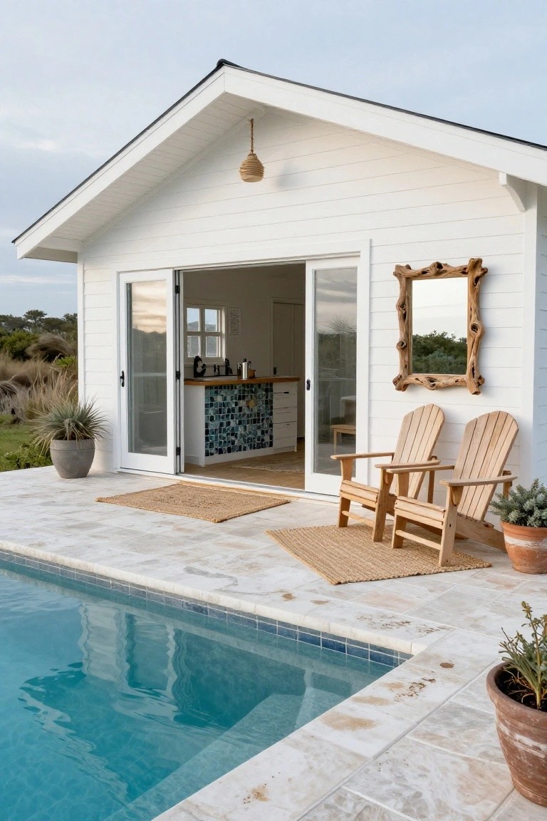 White weatherboard pool house featuring open bi-fold glass doors revealing interior with blue mosaic tiled bar and stools, Adirondack chairs on light travertine-style tiled patio next to turquoise pool edged in blue tiles, with potted plants, woven rug, and driftwood-framed mirror on exterior wall.