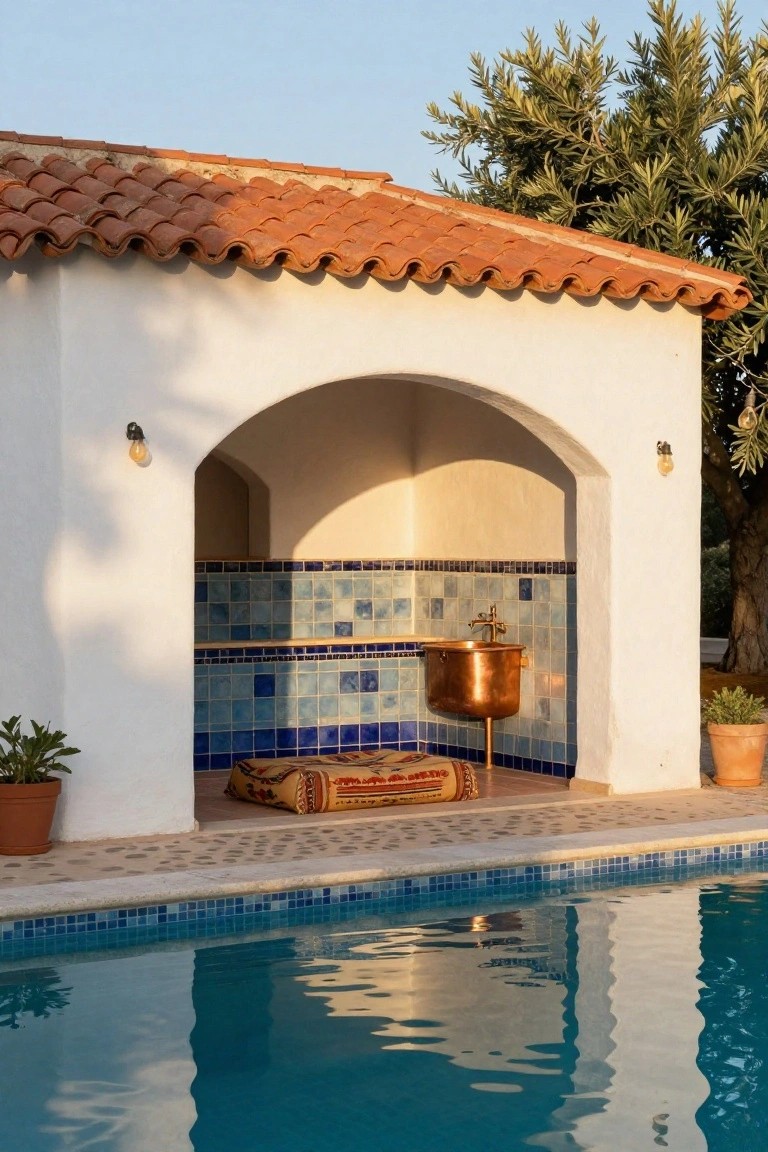 Arched white stucco niche with blue tiled walls and copper sink on a stand, patterned rug on the floor, next to a turquoise pool edged in tile, with potted plants and olive trees nearby.