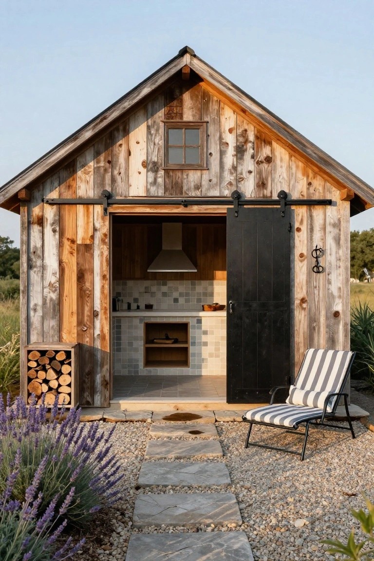 Small rustic wooden pool house with open black sliding barn door revealing kitchen counters, range hood, and cabinets, plus firewood stack, lounge chair, lavender plants, and stone path on gravel.