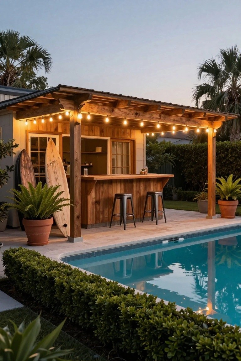Wooden bar structure with two stools beside a swimming pool at dusk, surfboards leaning nearby, string lights overhead, potted plants, hedges, and palm trees around a covered patio area.