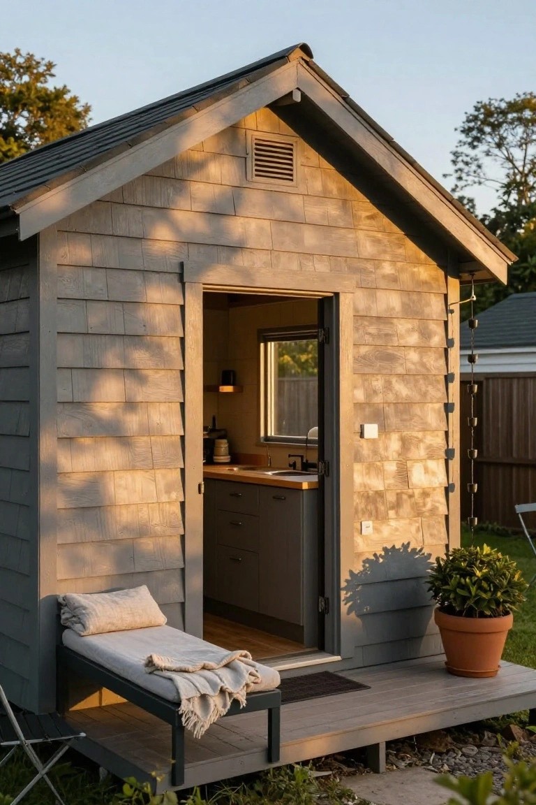 Small gray shingled gabled building with open door revealing compact kitchenette, daybed on front porch with cushions and throw, potted plant nearby, and backyard greenery at dusk.