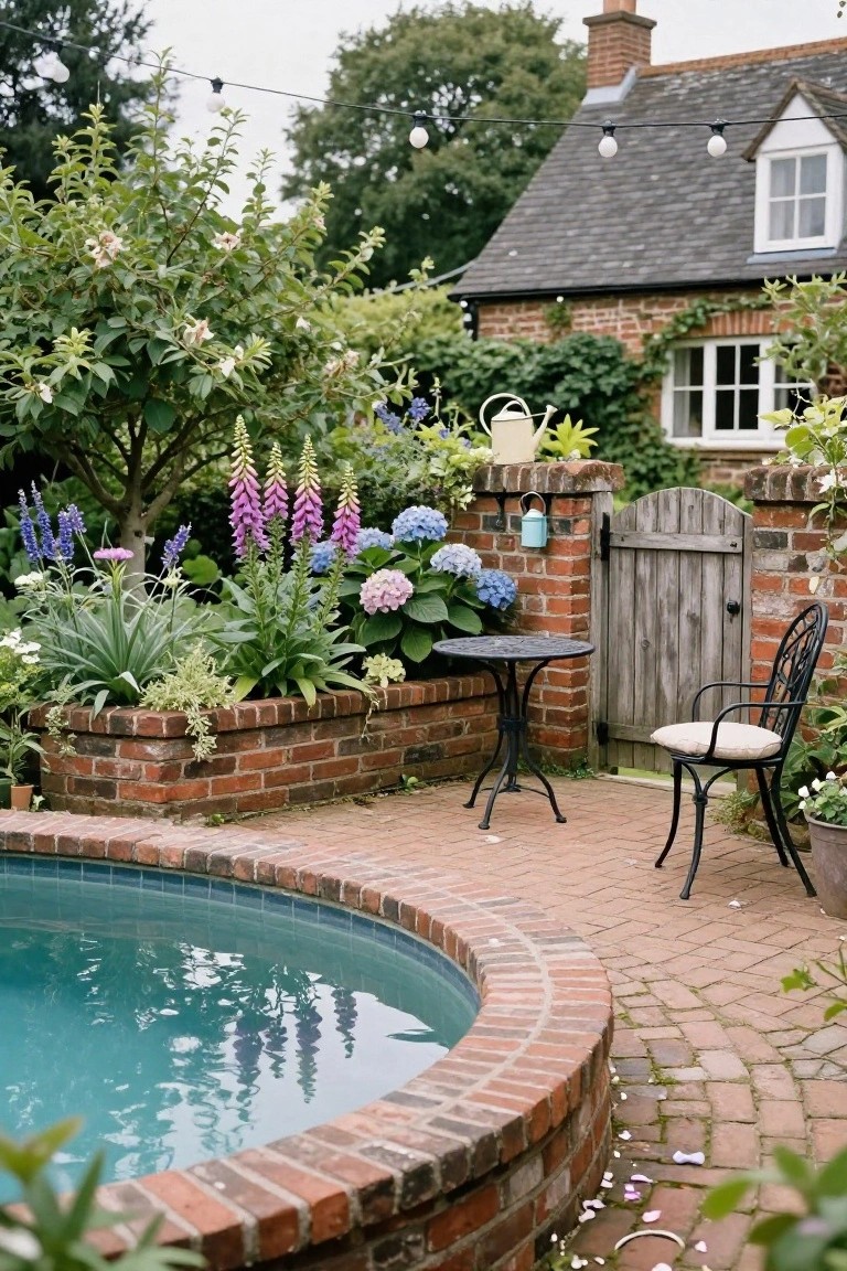 Curved semi-inground pool edged by raised brick planters overflowing with purple foxgloves, blue hydrangeas, and other flowers, with a small black metal table and chair on a brick path nearby, a wooden gate, and a brick house in the background.