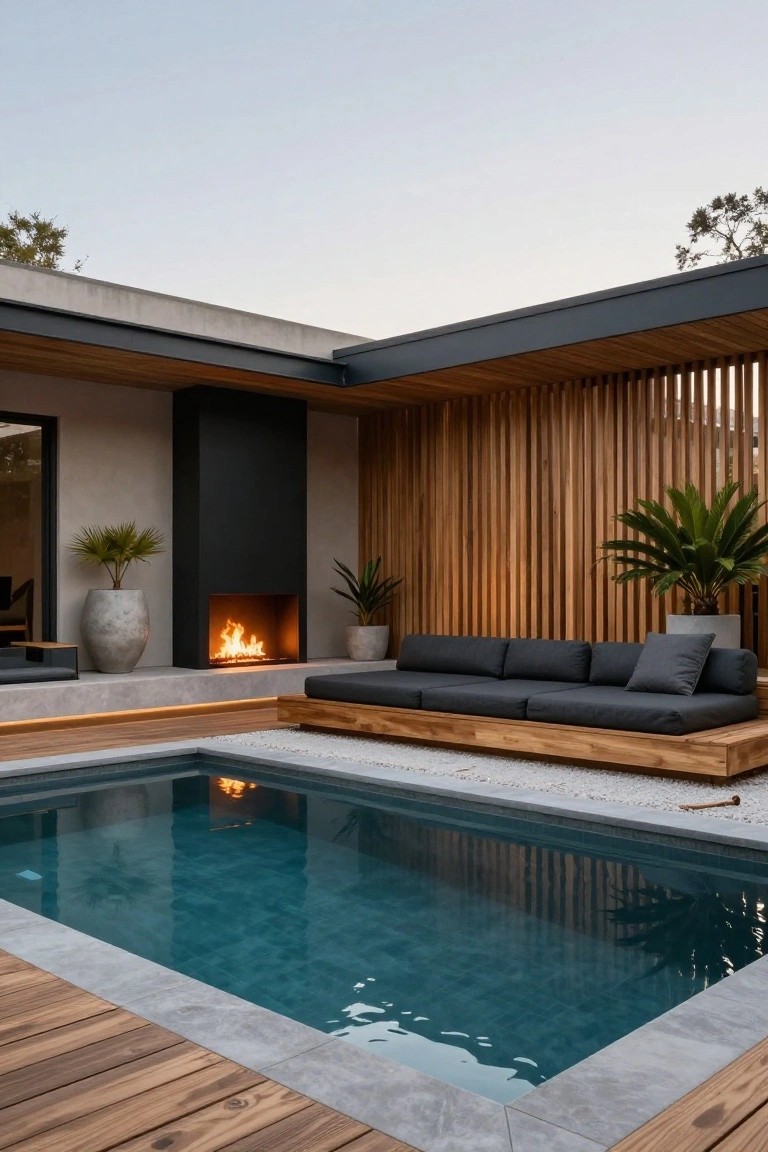Semi-inground turquoise pool surrounded by light wood decking and a raised wooden platform bench with dark gray cushions, adjacent black fire pit with flames lit, vertical wood slat screen, and potted palms.