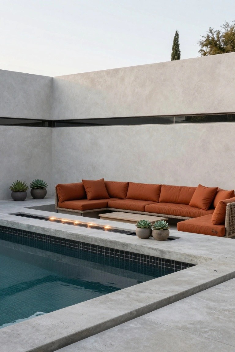 Semi-inground pool with linear gas fire pit along the concrete edge, orange L-shaped outdoor sofa, low wooden table, and potted succulents against stucco walls.