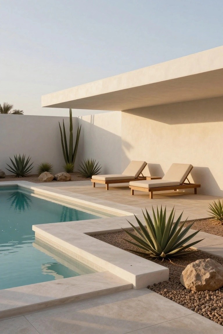Turquoise semi-inground pool with white travertine coping and adjacent light stone deck holding two beige-cushioned wooden reclining lounge chairs, white stucco walls, cacti plants, and rocks in a sunny backyard.