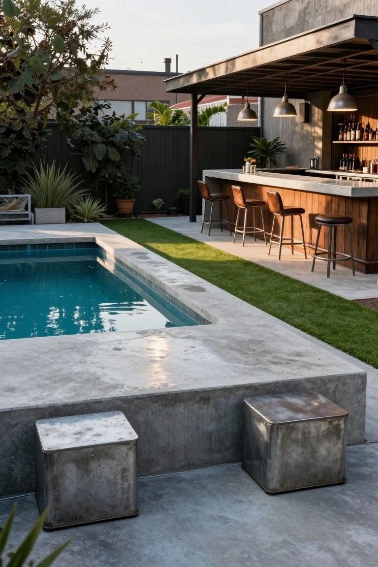 Semi-inground turquoise pool with gray concrete edging and deck, adjacent to a light wood bar counter with four brown leather stools, pendant lights overhead, and surrounding plants and grass strip.