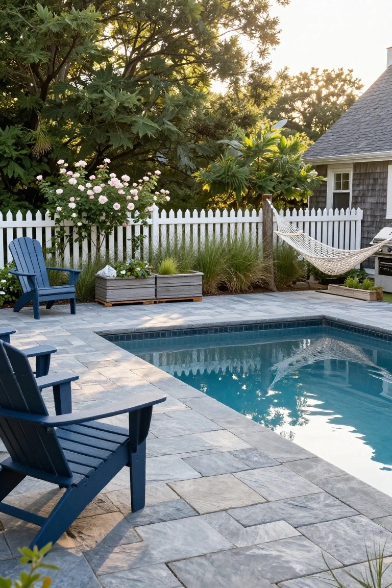Semi-inground pool with navy Adirondack chairs on gray slate paver patio, white picket fence, hammock between posts, potted plants, grasses, palm tree, rose bush, and shingled house in background.