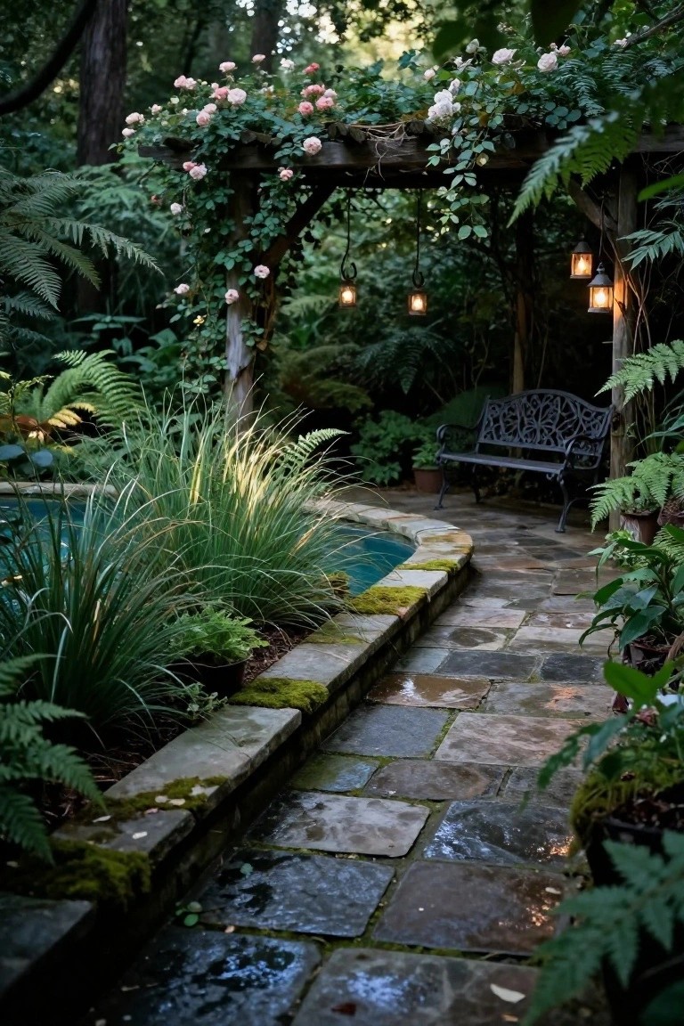 Wooden arbor draped in pink roses and green ferns with hanging lanterns, a black wrought-iron bench beneath it next to a curved semi-inground pool edged in stone, surrounded by lush plants and a wet stone path.