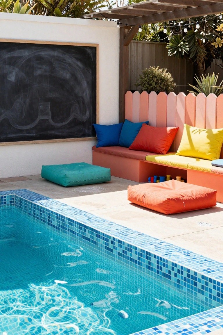 Backyard semi-inground pool with turquoise mosaic tiles, adjacent pink built-in bench piled with colorful cushions and poufs, toys in cubbies, chalkboard wall, pink picket fence, plants, and string lights under a pergola.