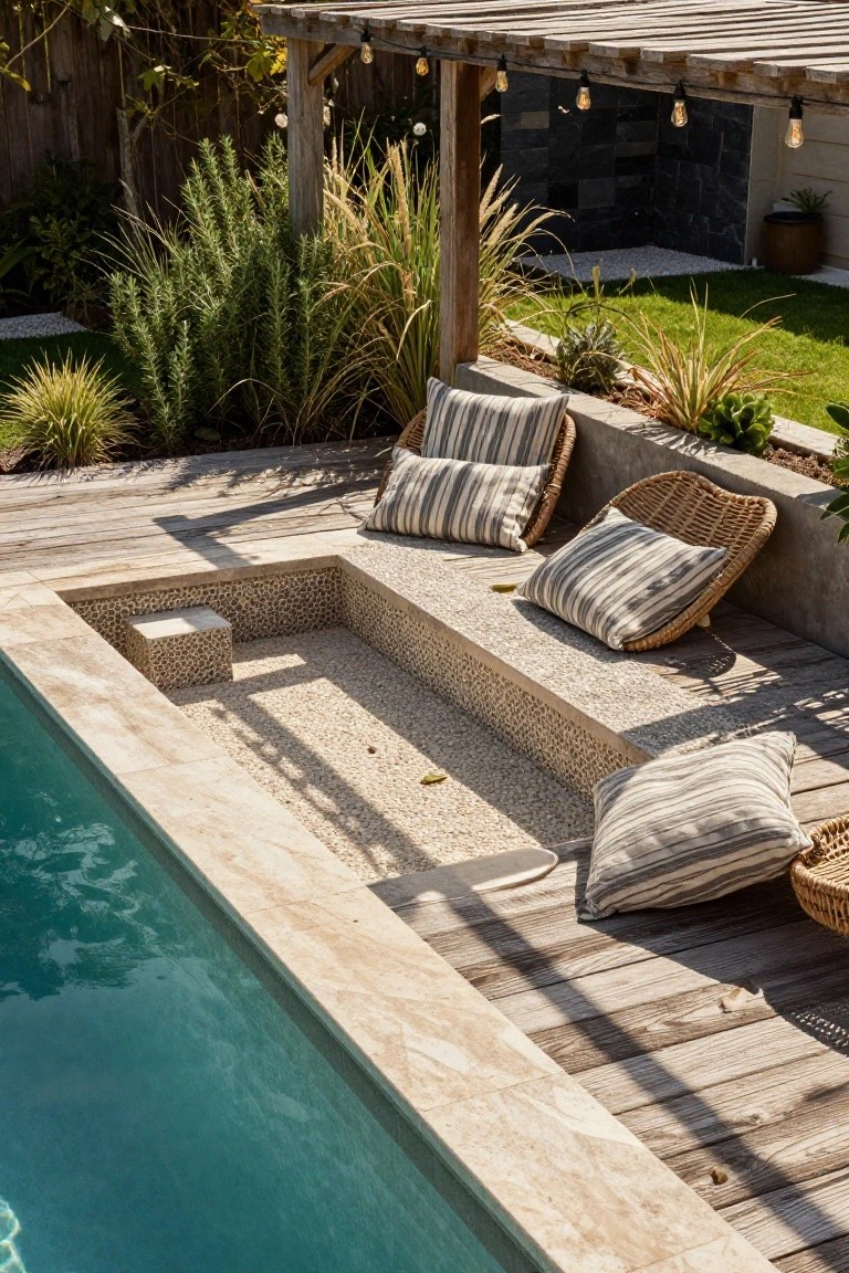 Semi-inground pool with built-in rectangular bench along the edge featuring pebble flooring and a small stone step, surrounded by wooden decking, striped cushions, rattan chairs, and nearby plants.