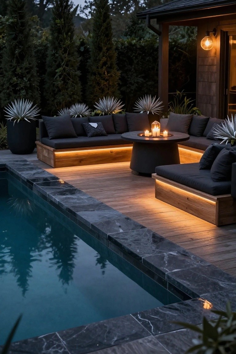 Semi-inground pool with built-in wooden benches along the edge featuring warm LED underlighting, black cushions, a round black table with candles, potted plants, and surrounding trees at dusk.