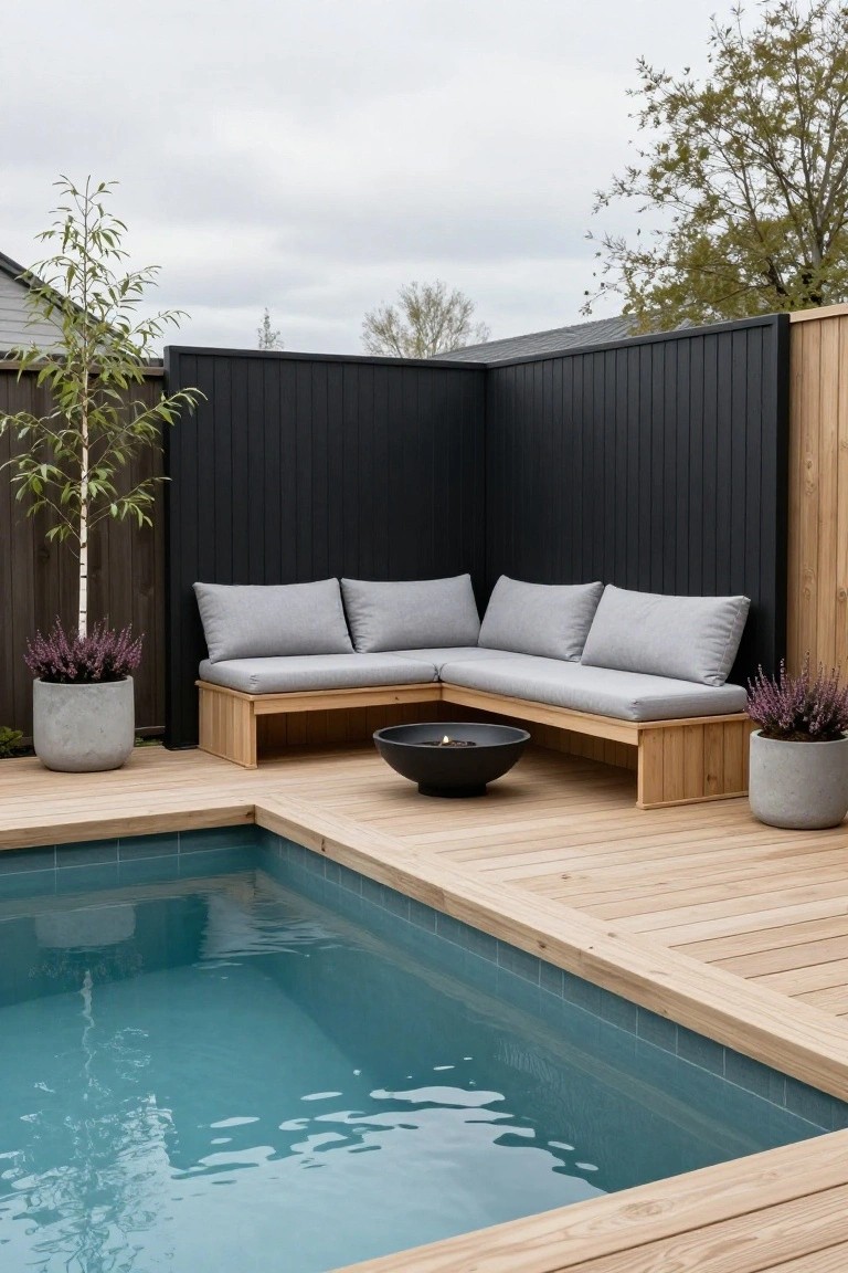 Corner L-shaped wooden bench with gray cushions and central black fire bowl on a wooden deck beside a blue-tiled semi-inground pool, with black plank fences and potted plants nearby.