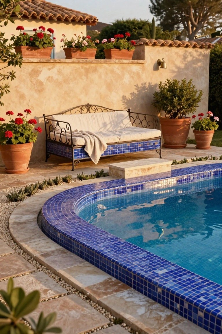 Semi-inground pool with blue mosaic tile edge and beige stone surround, next to a wrought-iron daybed with white cushions and throw on a raised platform, potted red geraniums and green plants against a stucco wall.