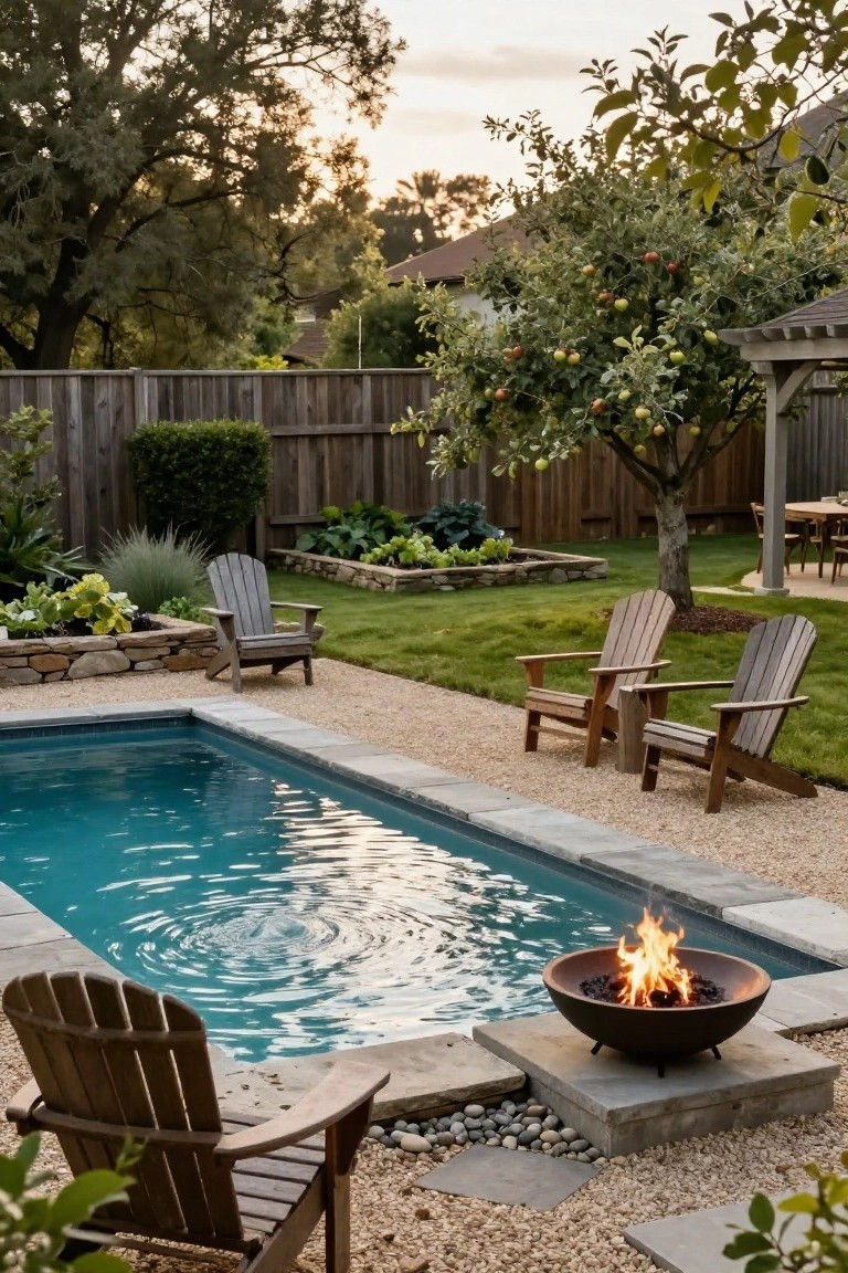 Rectangular turquoise semi-inground pool with ripples and reflections, lit black bowl fire pit on stone pedestal adjacent to it, wooden Adirondack chairs on gravel nearby, raised garden beds, apple tree, wooden fence, and dusk sky in backyard.