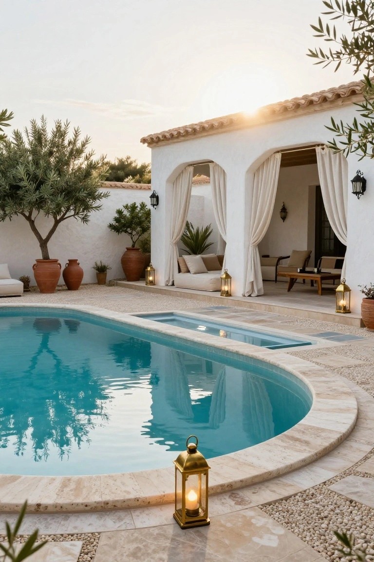 White stucco house exterior with terracotta tile roof and arched openings draped in white fabric overlooking a curved turquoise semi-inground pool, lounge seating on a stone terrace, olive trees in terracotta pots, lanterns, and pebble ground cover in a sunny courtyard.