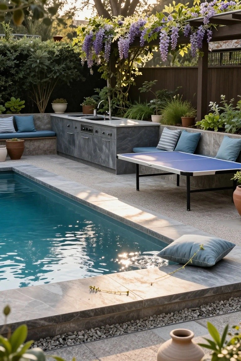 Semi-inground turquoise pool in a backyard with built-in gray outdoor kitchen including sink and grill, blue ping pong table, cushioned bench seating, potted plants, and overhead pergola draped in purple wisteria vines.