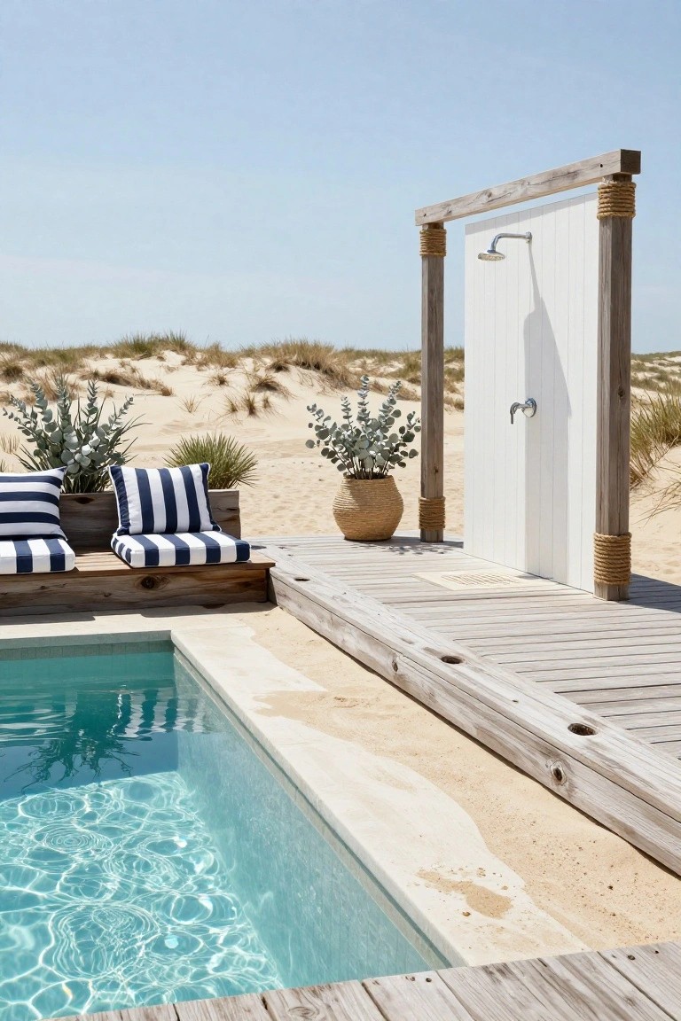 Rustic outdoor shower enclosure with wooden posts wrapped in rope, white paneled door, and chrome showerhead on a wooden deck next to a turquoise semi-inground pool, blue-and-white striped cushions on a bench, potted eucalyptus plants, and sand dunes in the background.