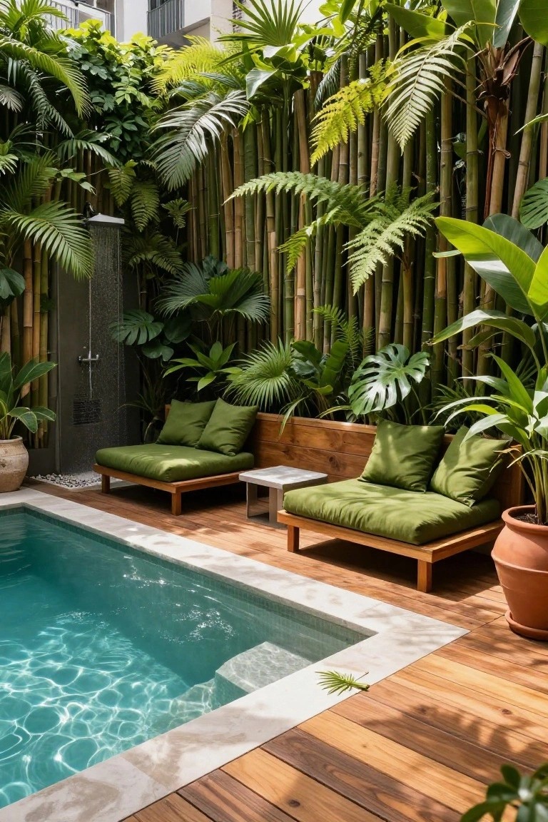 Small turquoise semi-inground pool with white tile edging on a wooden deck, surrounded by dense tropical plants, tall bamboo fencing, green cushioned wooden daybeds, potted plants, and a dark rainfall shower.