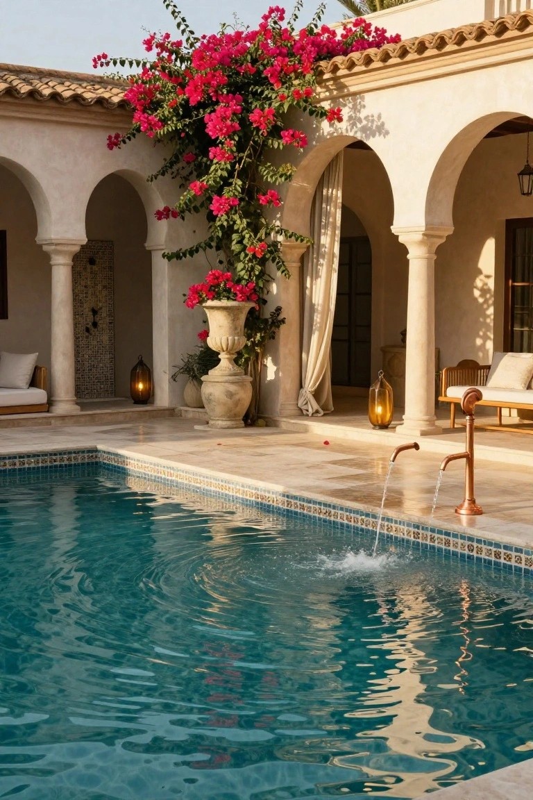 Semi-inground turquoise pool with water flowing from two copper spigots mounted on the beige tiled deck edge, adjacent to stucco arches covered in pink bougainvillea, potted plants, lanterns, and cushioned outdoor seating.
