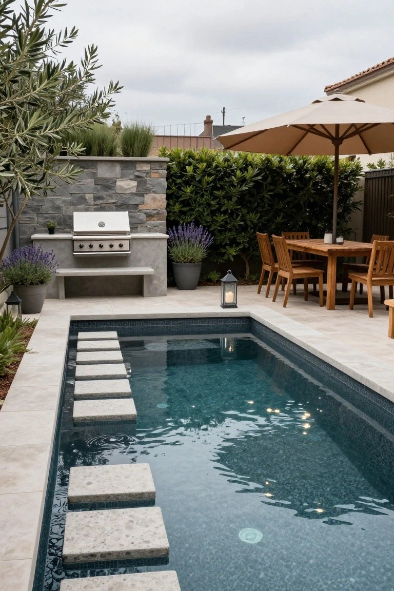 Narrow rectangular semi-inground pool with light gray stone slab steps protruding into turquoise water, surrounded by light travertine decking, a built-in stainless steel barbecue on a concrete bench, wooden dining table with chairs, potted plants, and landscaping.