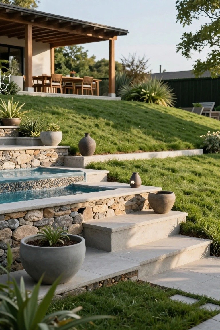 Semi-inground pool at the bottom of broad stone steps with retaining walls, surrounded by grassy slopes, potted plants, and an elevated outdoor dining area under a wooden pergola.
