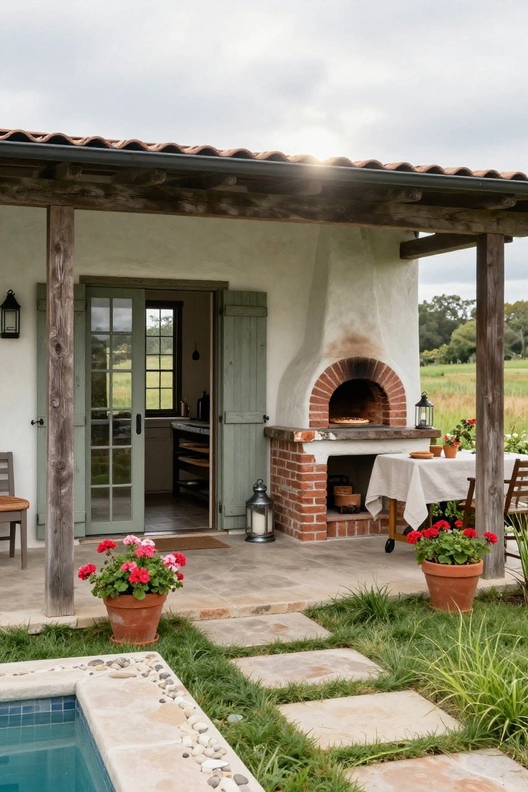 White stucco pool house with green shutters and open doors under a terracotta-tiled porch roof, featuring a brick pizza oven on a counter, outdoor dining table with chairs, potted red geraniums, lanterns, and a turquoise pool edged in stone and pebbles amid green lawn and plants.