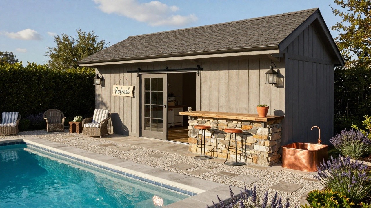 White board-and-batten pool house with open sliding barn door revealing bar counter, positioned beside turquoise swimming pool with stone edging, striped wicker chairs, potted plants, and lavender landscaping.