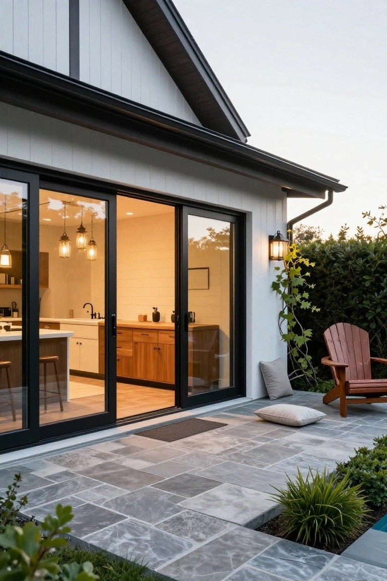 Side exterior view of a white house with black-framed sliding glass doors open to reveal a kitchen interior, gray slate tile patio holding a wooden Adirondack chair with pillows, climbing ivy on wall, potted plants, and edge of a pool.