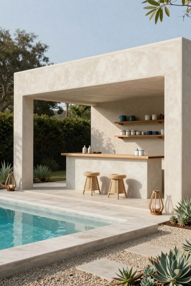 Beige stucco covered outdoor bar next to a turquoise pool, with light wood countertop, two rattan barstools, wooden shelves stocked with pottery jars and bowls, agave plants, lanterns, and pebble ground nearby.