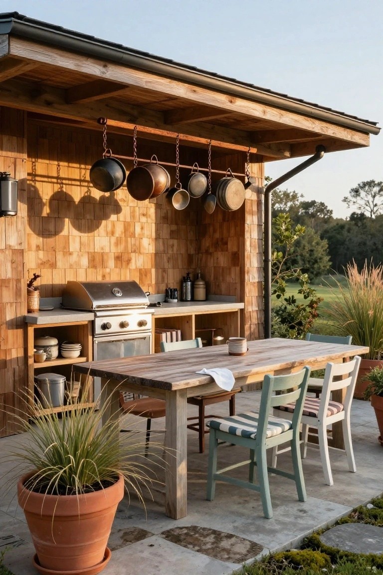 Wooden shingled pavilion sheltering an outdoor kitchen with stainless steel grill, hanging cookware, wooden cabinets, rustic farm table with mixed chairs, potted plants, and surrounding greenery on a stone patio.