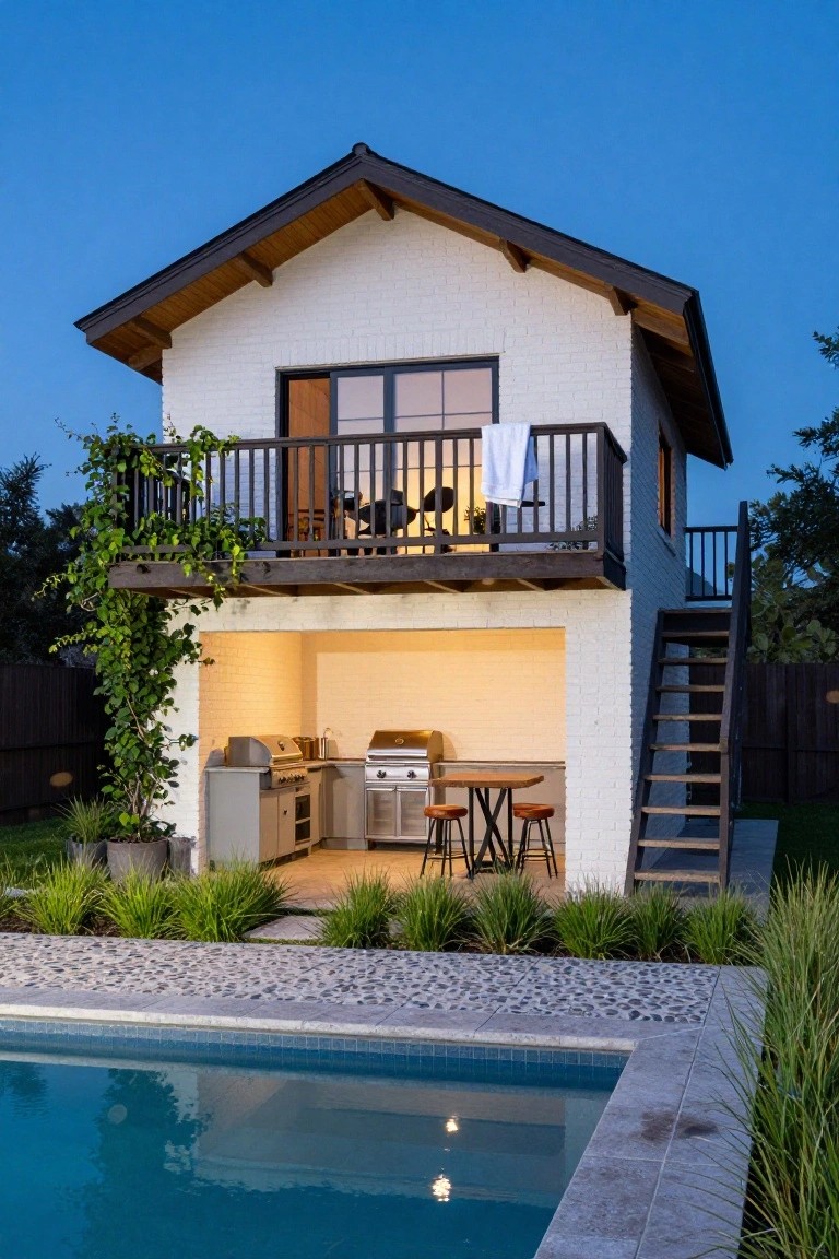 Outdoor Kitchen Under Elevated Pool House