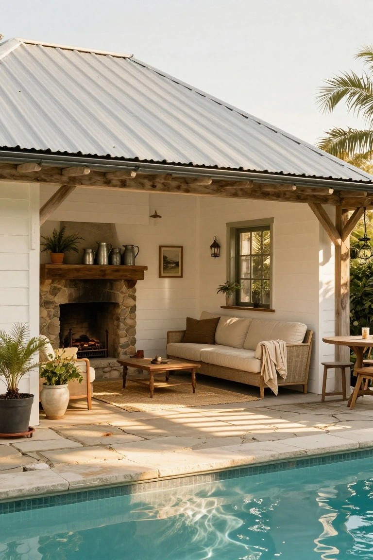 A covered outdoor pool house with white shiplap walls, exposed wood beams, lit stone fireplace, beige sofa with pillows, potted plants, metal pitchers on mantel, small table, chairs, and turquoise pool in foreground.