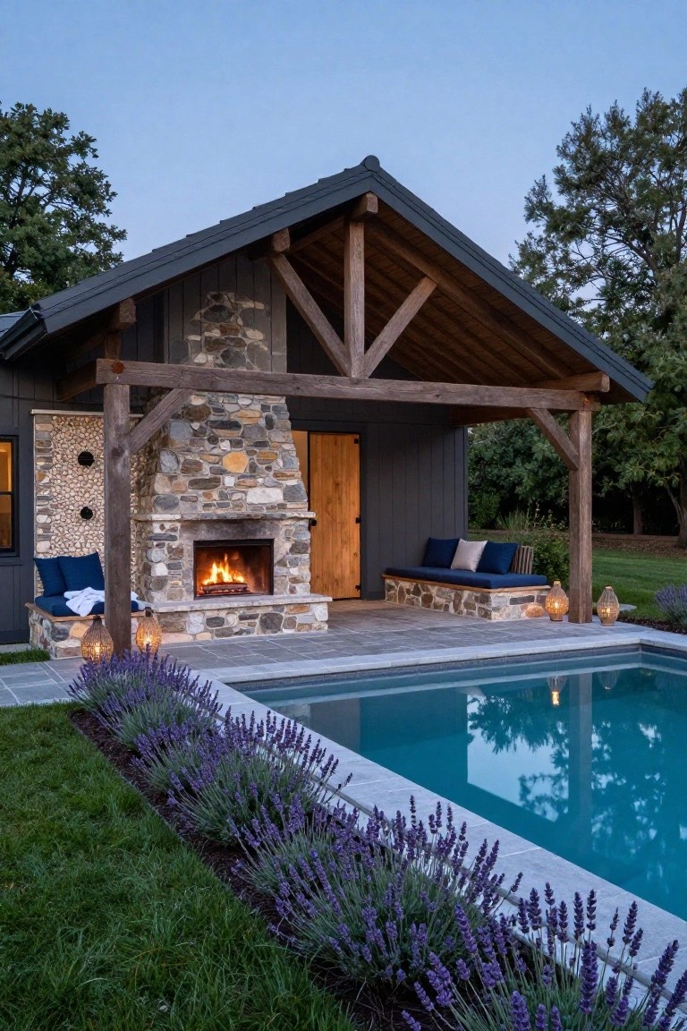 Dark wood pool house pavilion with stone outdoor fireplace, built-in blue bench seating with pillows and towels, lanterns, lavender plants along the pool edge, and trees in the background.