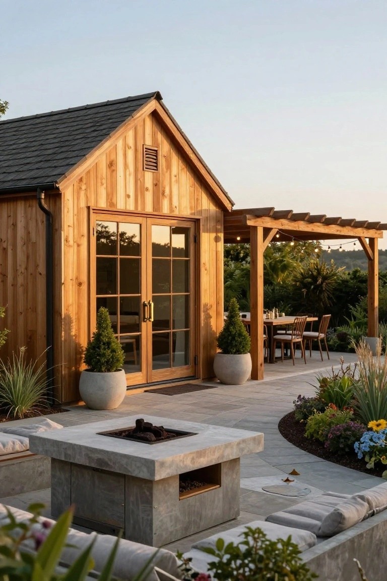 Wooden pool house with cedar siding and large glass double doors opening onto a concrete patio featuring a square built-in fire pit table surrounded by low cushioned seating, a nearby dining table under a wooden pergola with string lights, potted topiary plants, and colorful garden beds at sunset.