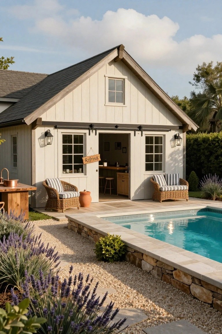 White board-and-batten pool house with open sliding barn door revealing bar counter, positioned beside turquoise swimming pool with stone edging, striped wicker chairs, potted plants, and lavender landscaping.