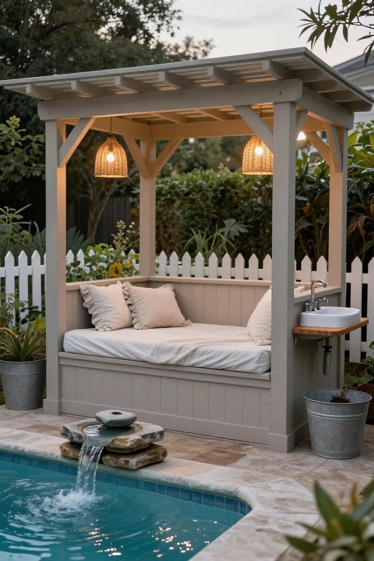 Gray wooden pergola covering a built-in beige bench with white cushions and pillows next to a white sink on a wooden shelf, positioned beside a blue swimming pool with a stone fountain and surrounded by plants in metal buckets and a white picket fence.