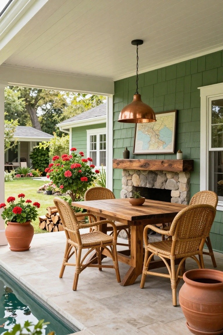 Covered sage green shingle porch with wooden dining table, four wicker armchairs, stone outdoor fireplace with wood mantel, copper pendant light, potted red geraniums, and pool edge in foreground.