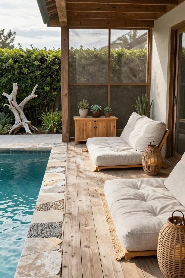 Covered wooden deck beside a turquoise pool with two low beige cushioned daybeds, wooden side table, potted succulents, rattan lanterns, and stone pool edging with pebble accents.