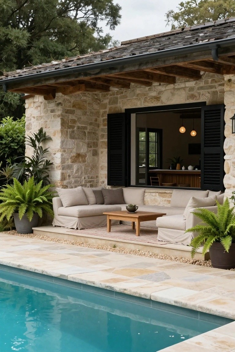 Stone pool house with black shutters open to a kitchen bar inside, beige slipcovered L-shaped sofa and wood coffee table on a raised deck next to turquoise pool water, flanked by large potted ferns and plants.