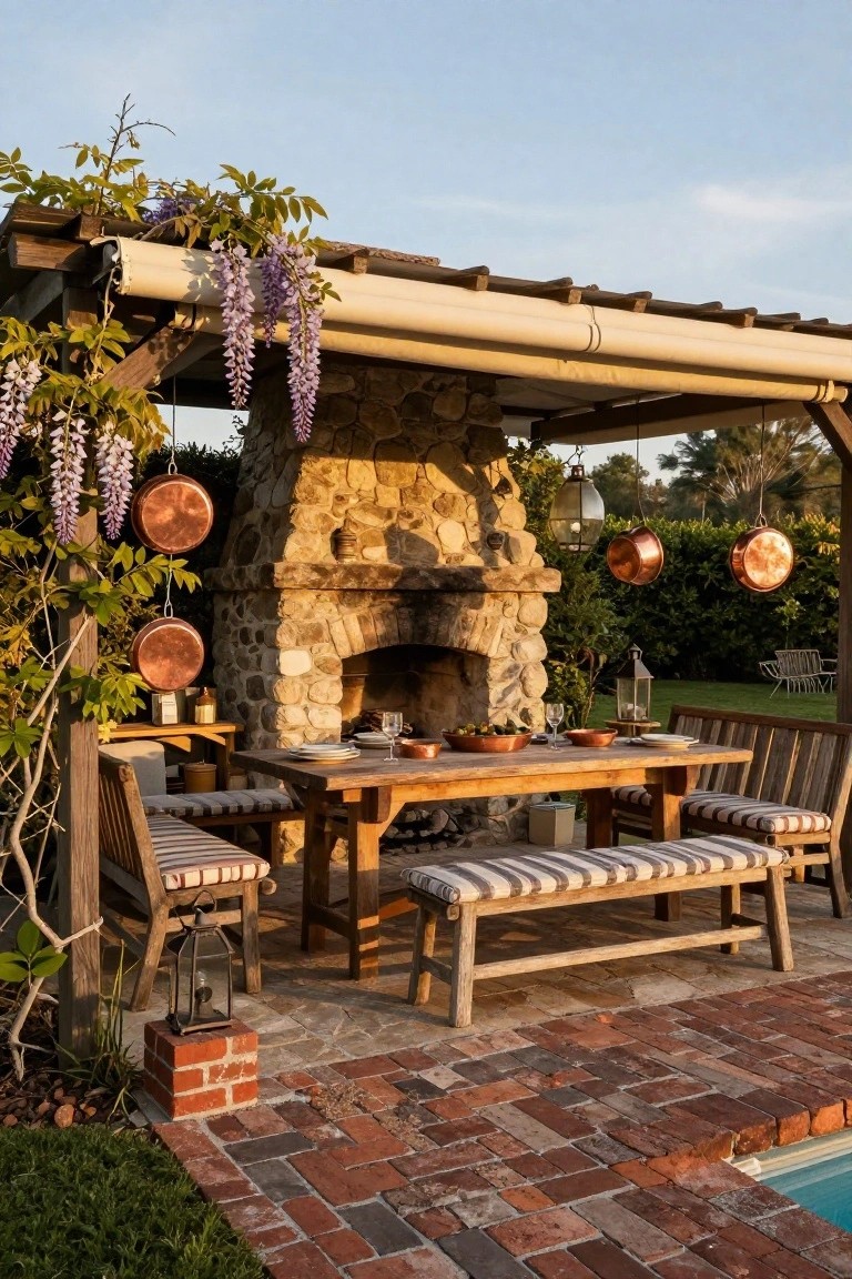 Covered pergola on a brick patio with rustic stone outdoor fireplace, hanging copper pots, wooden dining table and benches, wisteria vines, and a pool in the background.