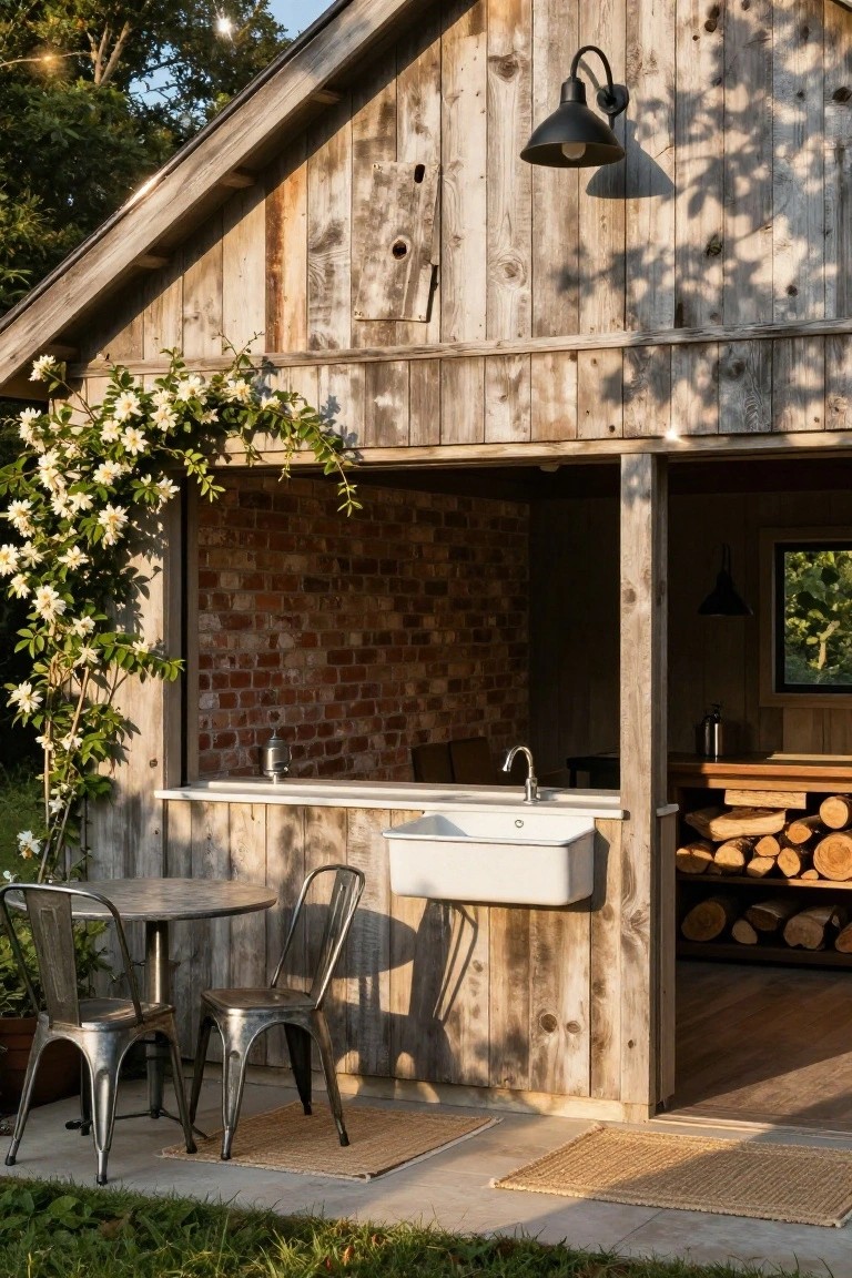 Rustic wooden barn-style pool house with open side, white sink on brick-backed counter, metal bistro table and two chairs on concrete patio, climbing white roses on wood frame, and firewood stack inside.